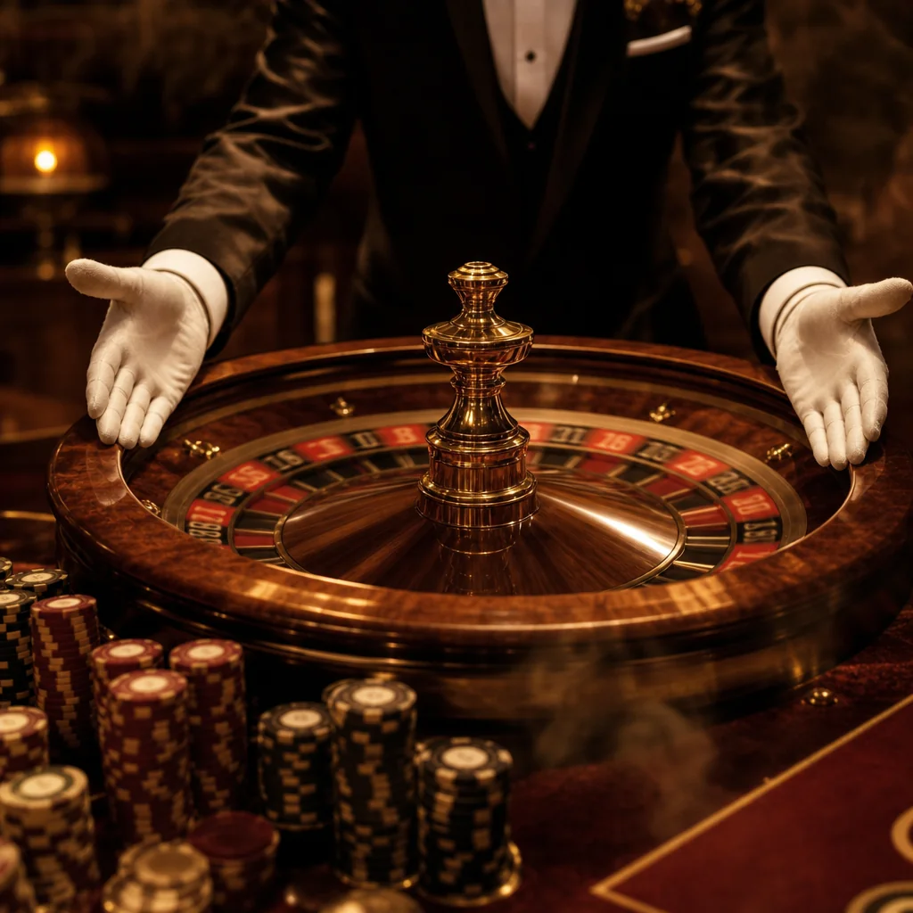 Live roulette wheel spinning under brass lamps
